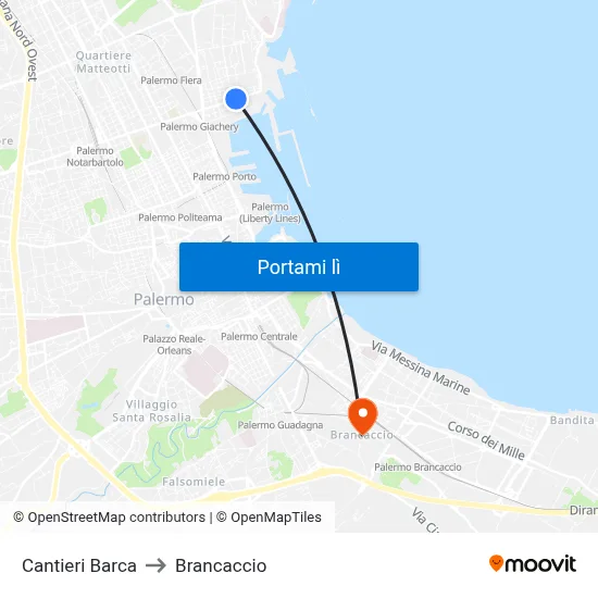 Cantieri Barca to Brancaccio map