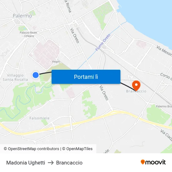 Madonia Ughetti to Brancaccio map
