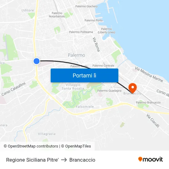 Regione Siciliana Pitre' to Brancaccio map