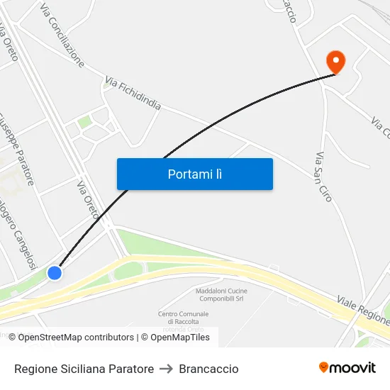 Regione Siciliana Paratore to Brancaccio map