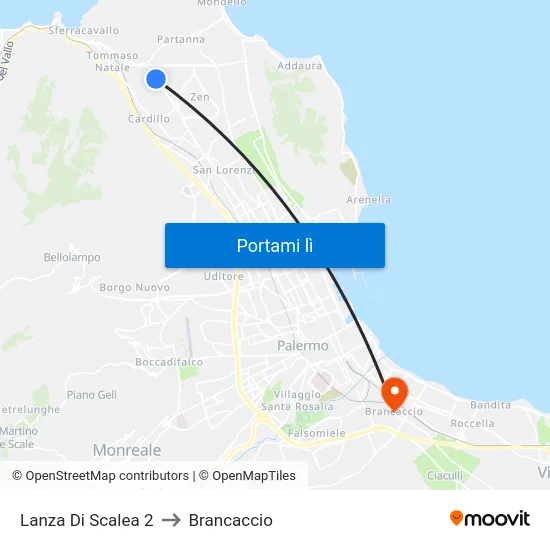 Lanza Di Scalea 2 to Brancaccio map