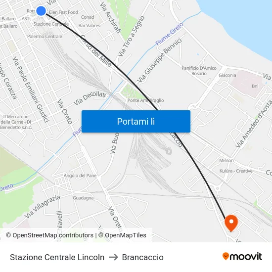 Stazione Centrale Lincoln to Brancaccio map
