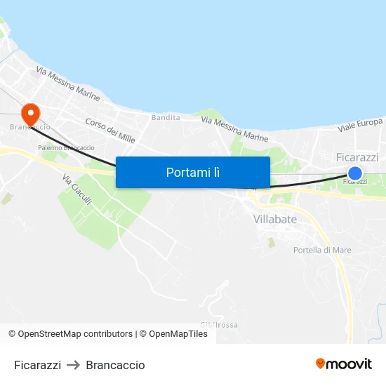 Ficarazzi to Brancaccio map