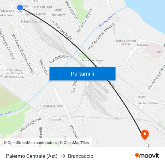 Palermo Centrale (Ast) to Brancaccio map