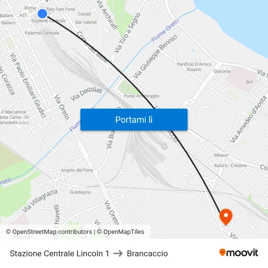 Stazione Centrale Lincoln 1 to Brancaccio map
