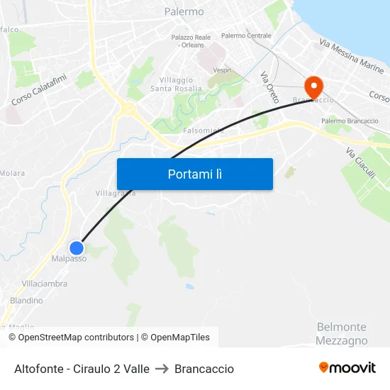Altofonte - Ciraulo 2 Valle to Brancaccio map