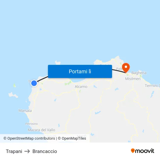 Trapani to Brancaccio map