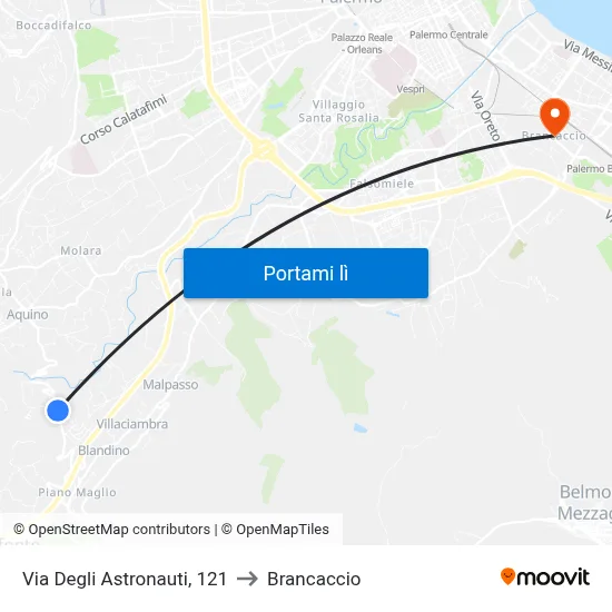 Via Degli Astronauti, 121 to Brancaccio map