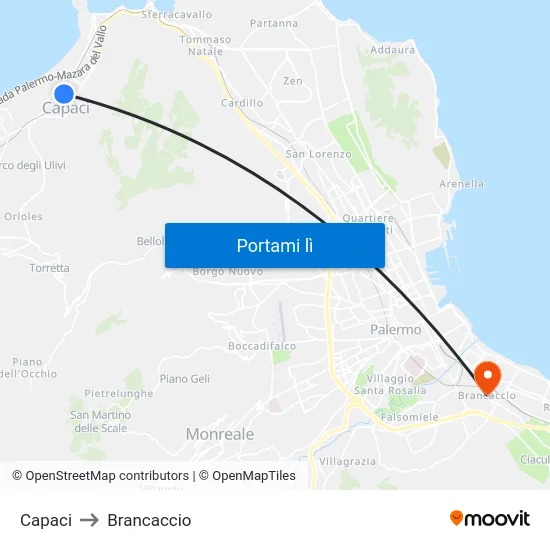 Capaci to Brancaccio map