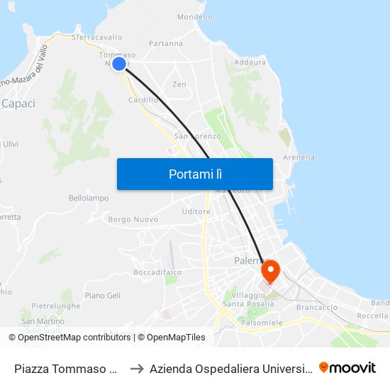 Piazza Tommaso Natale - Piazza Mandorle to Azienda Ospedaliera Universitaria Policlinico ""Paolo Giaccone"" map