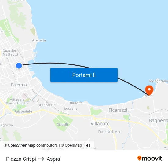 Piazza Crispi to Aspra map