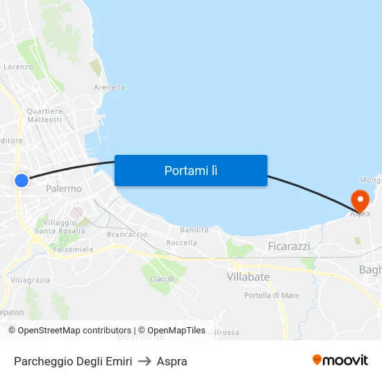 Parcheggio Degli Emiri to Aspra map