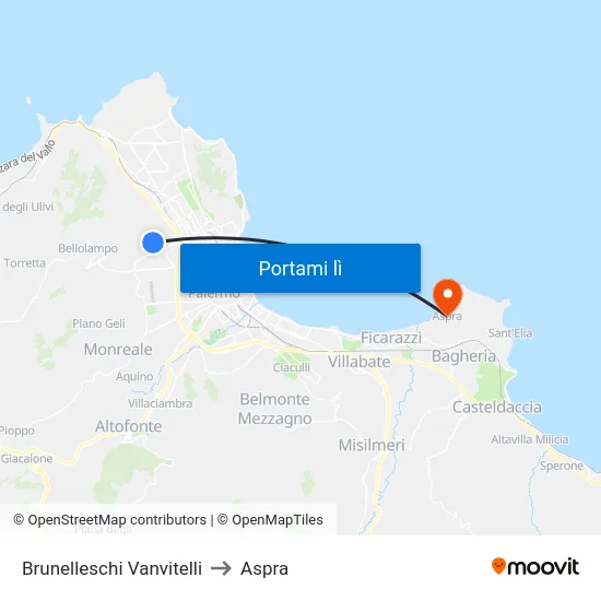 Brunelleschi Vanvitelli to Aspra map