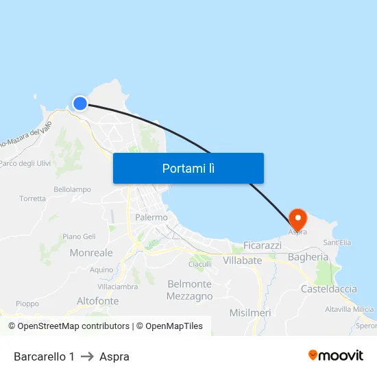 Barcarello 1 to Aspra map