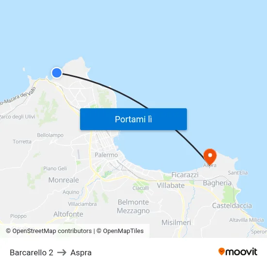 Barcarello 2 to Aspra map