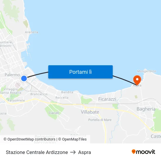 Stazione Centrale Ardizzone to Aspra map