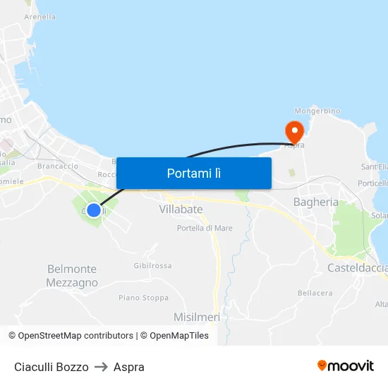 Ciaculli Bozzo to Aspra map