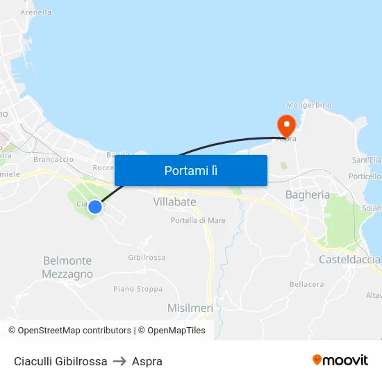 Ciaculli Gibilrossa to Aspra map
