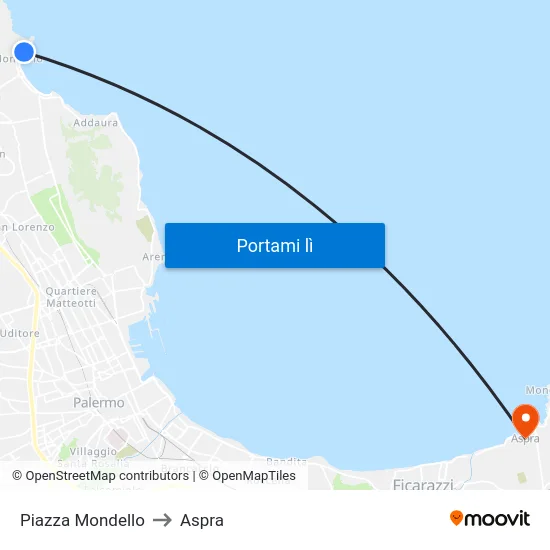 Piazza Mondello to Aspra map