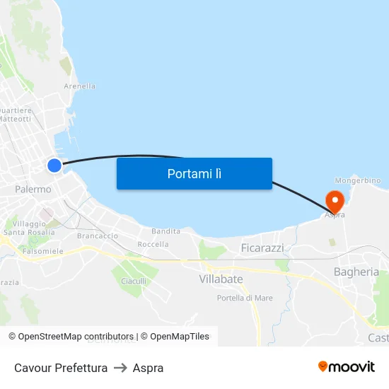 Cavour Prefettura to Aspra map
