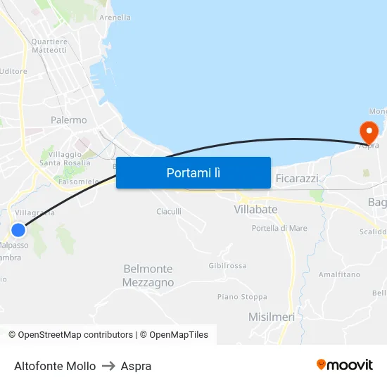 Altofonte Mollo to Aspra map