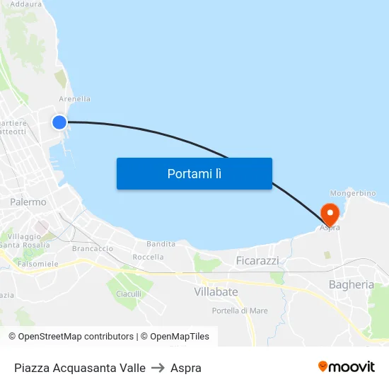 Piazza Acquasanta Valle to Aspra map