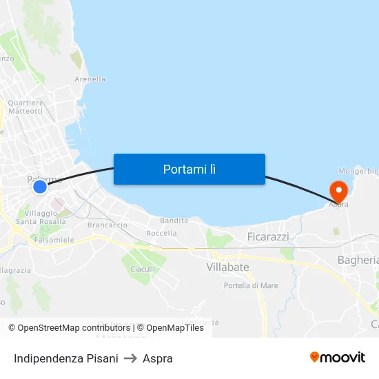 Indipendenza Pisani to Aspra map