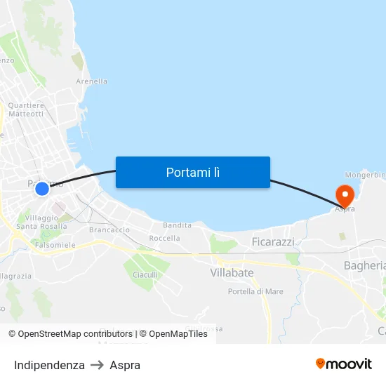 Indipendenza to Aspra map