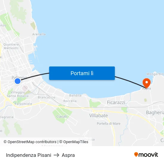 Indipendenza Pisani to Aspra map