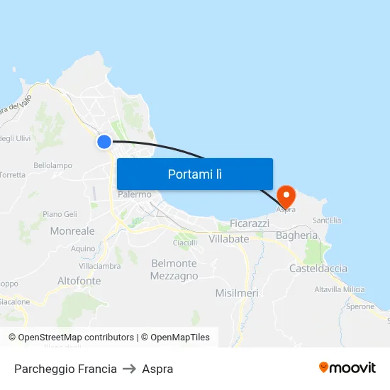 Parcheggio Francia to Aspra map