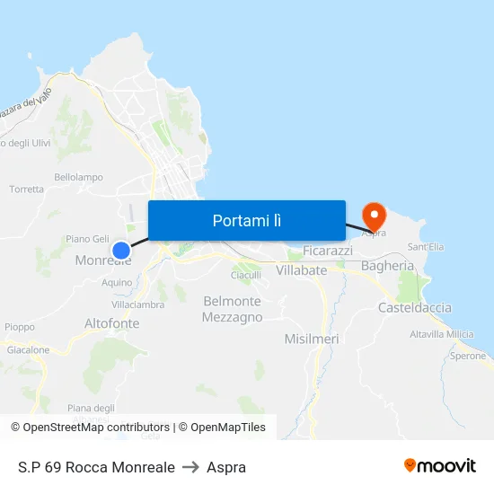 S.P 69 Rocca Monreale to Aspra map