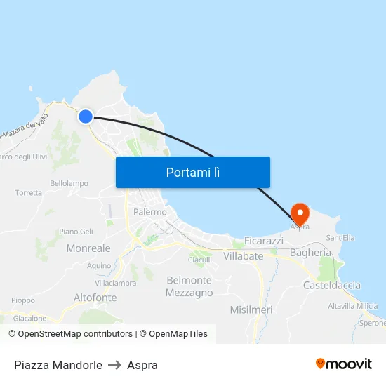 Piazza Mandorle to Aspra map