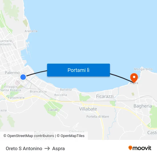 Oreto S Antonino to Aspra map