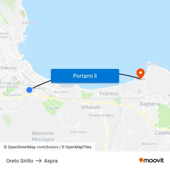 Oreto Sirillo to Aspra map