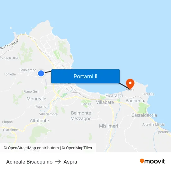 Acireale Bisacquino to Aspra map