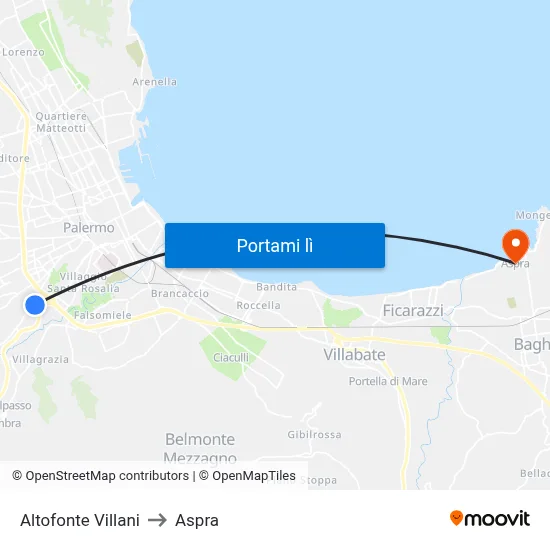 Altofonte Villani to Aspra map