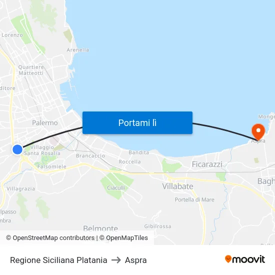 Regione Siciliana Platania to Aspra map