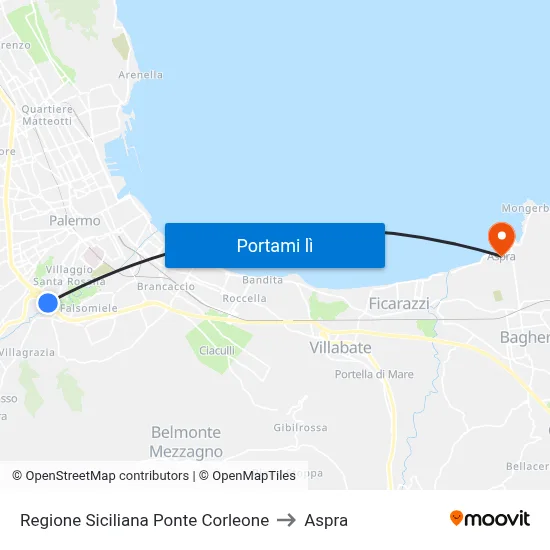 Regione Siciliana Ponte Corleone to Aspra map