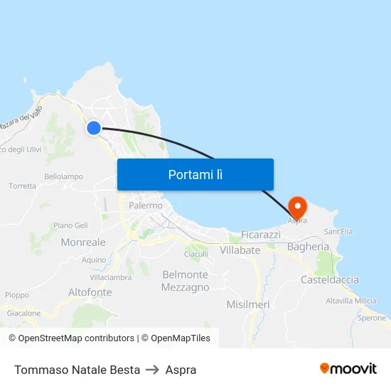 Tommaso Natale Besta to Aspra map