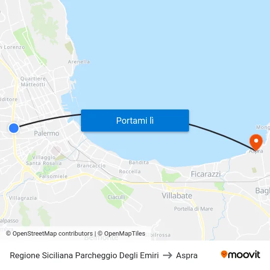 Regione Siciliana Parcheggio Degli Emiri to Aspra map