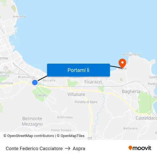 Conte Federico Cacciatore to Aspra map