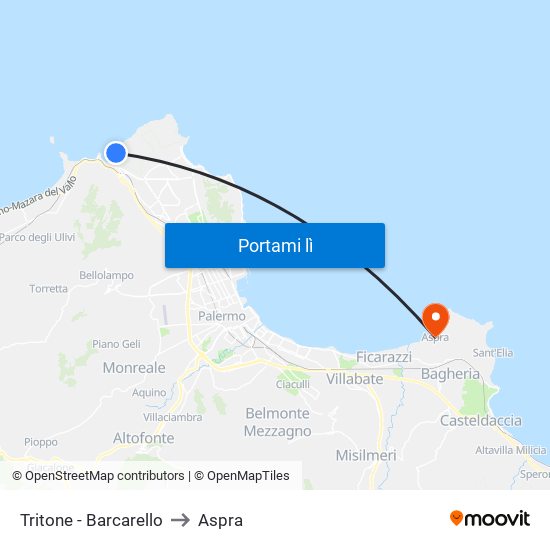 Tritone - Barcarello to Aspra map