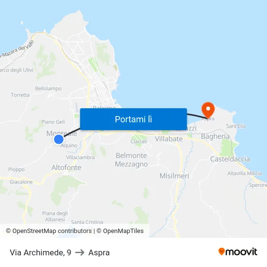 Piazza Inghileri to Aspra map