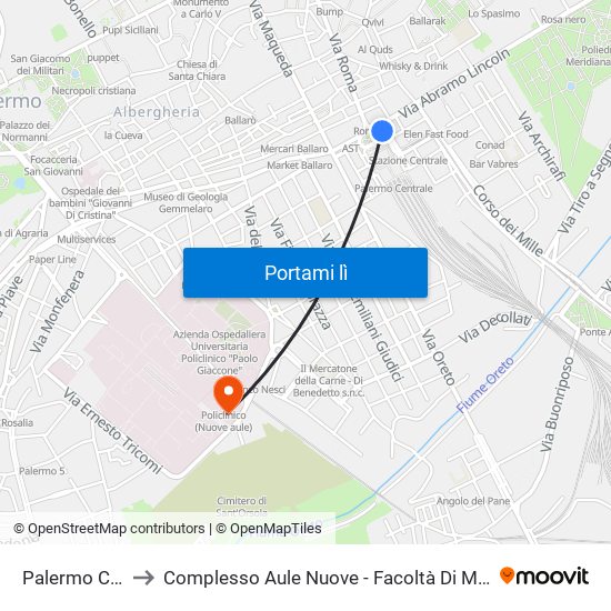 Palermo Centrale to Complesso Aule Nuove - Facoltà Di Medicina E Chirurgia map