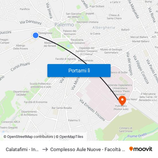 Calatafimi - Indipendenza to Complesso Aule Nuove - Facoltà Di Medicina E Chirurgia map