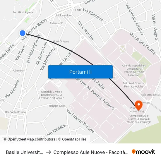 Basile Universita' Segreterie to Complesso Aule Nuove - Facoltà Di Medicina E Chirurgia map