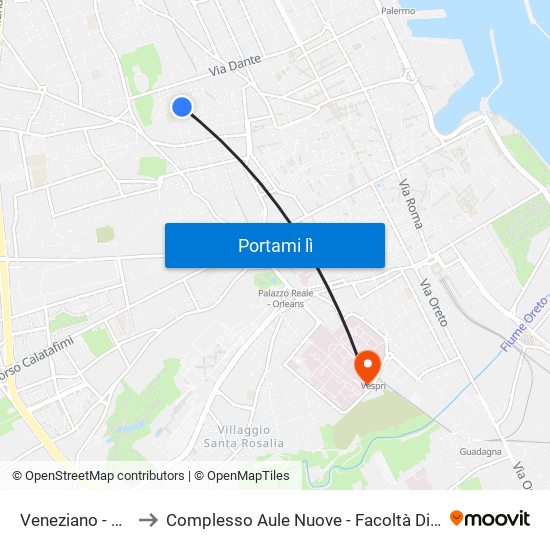 Veneziano - Villa Florio to Complesso Aule Nuove - Facoltà Di Medicina E Chirurgia map