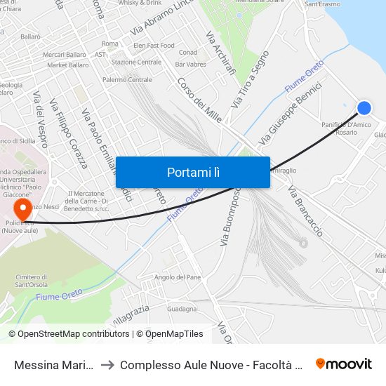 Messina Marine - Saetta to Complesso Aule Nuove - Facoltà Di Medicina E Chirurgia map