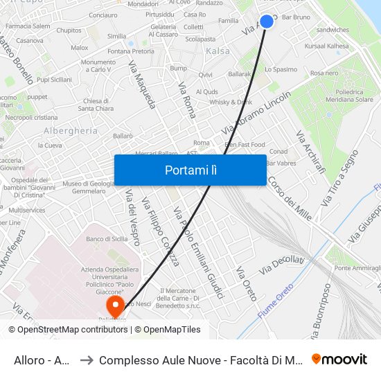 Alloro - Abatellis to Complesso Aule Nuove - Facoltà Di Medicina E Chirurgia map