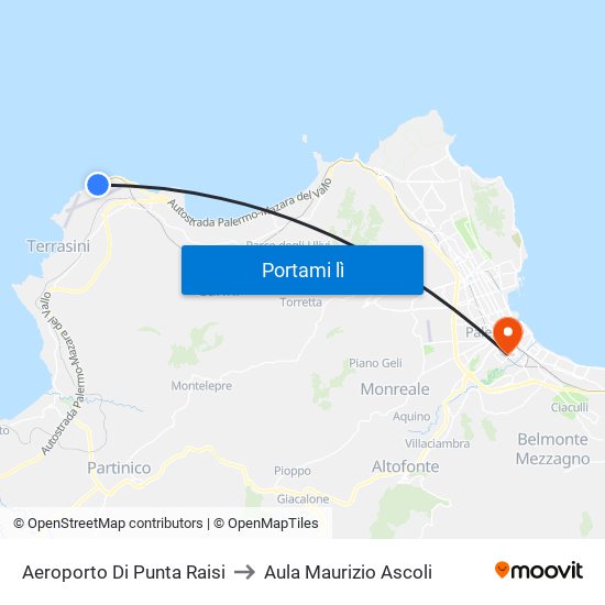 Aeroporto Di Punta Raisi to Aula Maurizio Ascoli map
